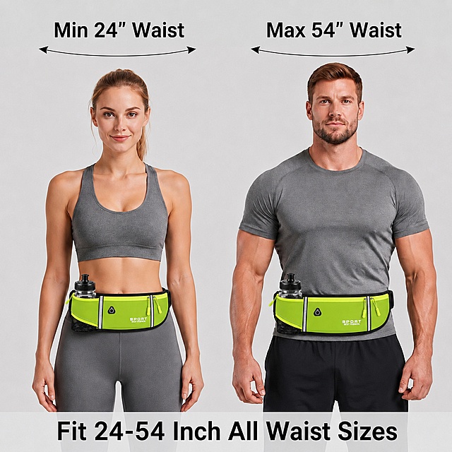 Replace the waist bag worn by both models with the bright lime green running waist bag from the reference product image. Keep everything else exactly the same: models, poses, clothing, background, text, water bottle in the side pocket. The waist bag must be bright lime green with black trim, neon green zipper pulls, silver reflective strips, black mesh bottle pocket, and 'SPORT BEST FASHION' white text logo. Maintain realistic lighting and shadows, product fits naturally on both models' waists.