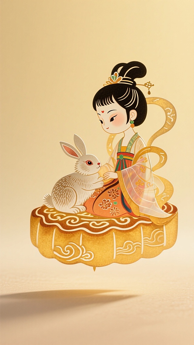 嫦娥装扮的迷你的Q版小女孩抱着玉兔坐在悬浮的月饼上，干净的浅黄色背景