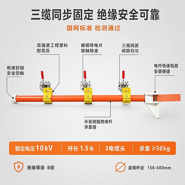 [主图-2] 旁路电缆支架核心结构亮点图 三缆同步固定技术展示。
[氛围风格] 技术解析风 工业专业感 高信息密度 结构清晰明了。
[画质] 商业摄影质感 产品精修 结构边缘锐利 材质表现真实 画面干净。
[元素] 画面中心为旁路电缆支架主体 横向放置 展示完整的1.5米橙色绝缘杆身与三个黄色电缆固定头 每个固定头的红色操作手柄向上竖起 产品占画面约60%。支架周围分布6条引线标注 分别指向不同结构部位：左引线指向白色杆端封头 标注内容：绝缘封端 安全防触；左上引线指向第一个黄色夹具 标注内容：高强度工程塑料 耐高压；中上引线指向中间夹具内部 标注内容：镀铜导电片 接触稳定；右上引线指向第三个夹具 标注内容：三缆同固 间距均匀；右引线指向白色抱箍 标注内容：电杆快速抱箍 安装便捷；右下引线指向橙色杆身 标注内容：环氧树脂绝缘杆 承重强。画面顶部有主标题区 底部有参数条。保持产品外观（橙色杆身 三个黄色夹具 红色手柄 白色抱箍 整体结构比例）与输入产品图完全一致 无变形无色差 结构细节清晰。
[光影] 顶部主光均匀打亮产品整体 左右两侧辅光消除暗部 每个结构部位都有清晰的边缘高光 橙色杆身呈现光滑质感 黄色夹具表面有细微纹理 底部有柔和投影 整体明亮通透 技术感强。
[配色] 主色浅灰渐变背景 辅色电力橙 强调色电力黄 引线与标注文字深灰色 重要数据用橙色高亮。沿用整套色板：浅灰背景 + 电力橙 + 电力黄 + 深灰文字。
[视角构图] 平视正面视角 产品居中横向展开 引线从产品向四周辐射 标注文字分布在四周负空间 不遮挡主体 画面满版 信息密度高但层次清晰。
[文字版式] 顶部居中主标题：三缆同步固定 绝缘安全可靠 大号粗体深灰字 主标题下方一行小字副标题：国网标准 检测通过 橙色字。6条引线标注文字为中号无衬线深灰字 引线末端有小圆点连接产品部位。底部通栏橙色条 白字加粗 从左到右：额定电压10kV 杆长1.5米 3电缆头 承重≥50kg。左下角有小图标+文字：绝缘等级 B级。右下角：适用杆径 150-400mm。
[输出要求] 1:1比例 文字清晰锐利 所有标注文字可读 超高清商业质感。
[负向提示词] 变形 文字错乱 产品模糊 背景杂乱 水印 电商平台Logo 多余人物 手部畸形。