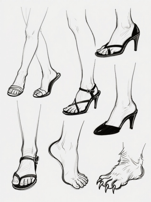 各种不同角度和姿态的脚部与腿部线稿集合，包含赤脚、穿着凉鞋和高跟鞋的人类脚部，以及带有爪子的兽类脚部，线条流畅自然，结构准确，呈现出速写练习的风格，白色背景上的纯黑色线条绘制，无任何文字和水印。预览效果