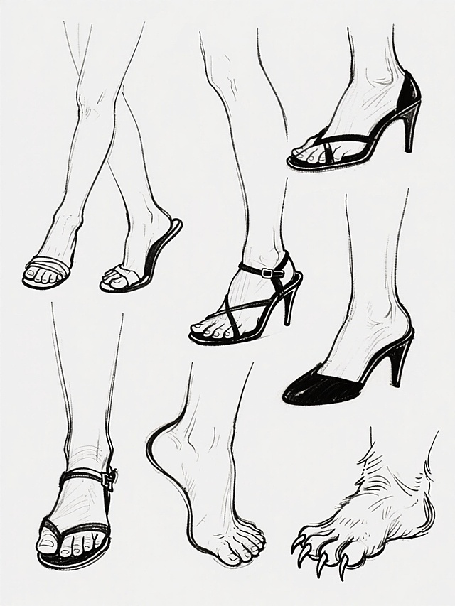 各种不同角度和姿态的脚部与腿部线稿集合，包含赤脚、穿着凉鞋和高跟鞋的人类脚部，以及带有爪子的兽类脚部，线条流畅自然，结构准确，呈现出速写练习的风格，白色背景上的纯黑色线条绘制，无任何文字和水印。