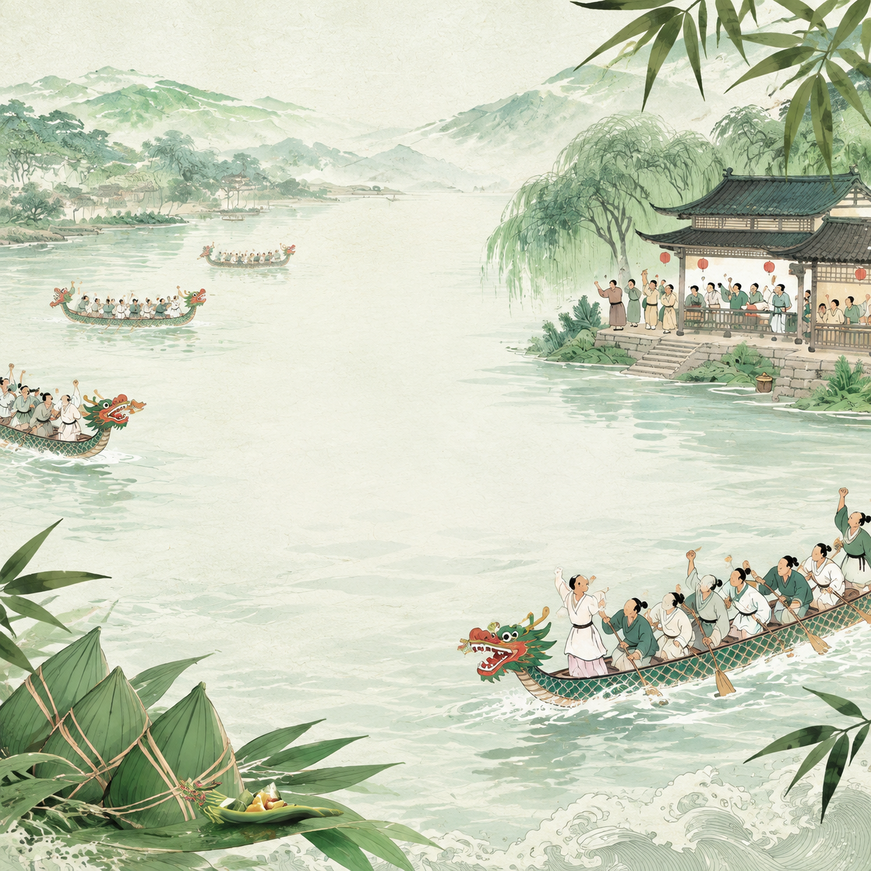 参考图的中国风国潮插画风格，重新绘制端午节赛龙舟场景，保留原画… - 图片创意预览