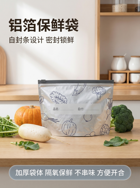 [主图 1] 铝箔保鲜袋产品首图
[氛围/风格] 日式简约，明亮干净，精致温馨的家居氛围感
[画面元素] 铝箔保鲜袋产品居中放大展示，融入干净整洁的日式厨房场景，浅色木质台面搭配少许新鲜蔬菜点缀，柔和预览效果