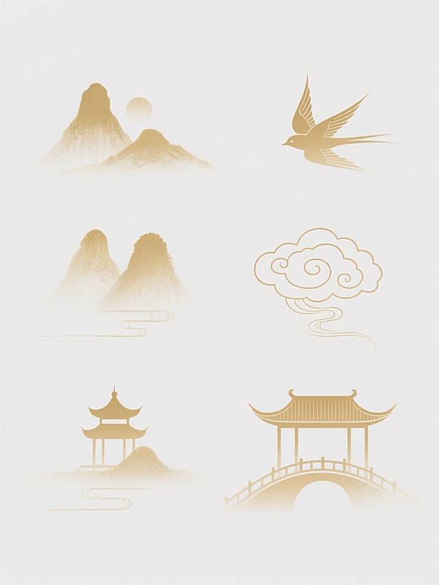 中国传统水墨风格，六个不同样式的国风元素，包括远山、飞鸟、祥云、小桥、亭台，采用淡雅的金色渐变，线条流畅简洁，水墨晕染效果，留白充足，整体排列整齐对称，白色背景，画面空灵雅致，富有东方意境。