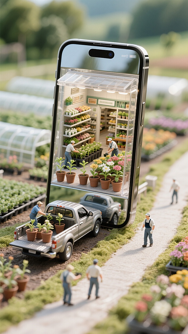 手机屏内微缩花店，清新科技感十足，3D虚拟现实展现未来购物体验。