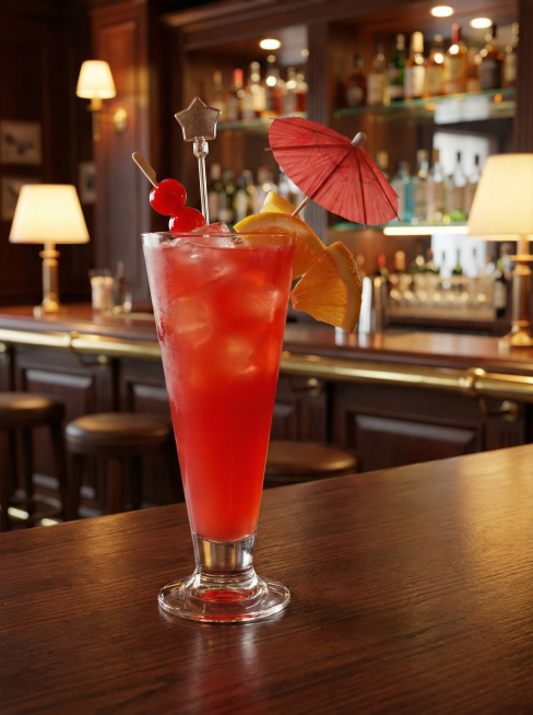 把图中的鸡尾酒抠出来放到酒吧吧台的背景中，鸡尾酒颜色不变预览效果