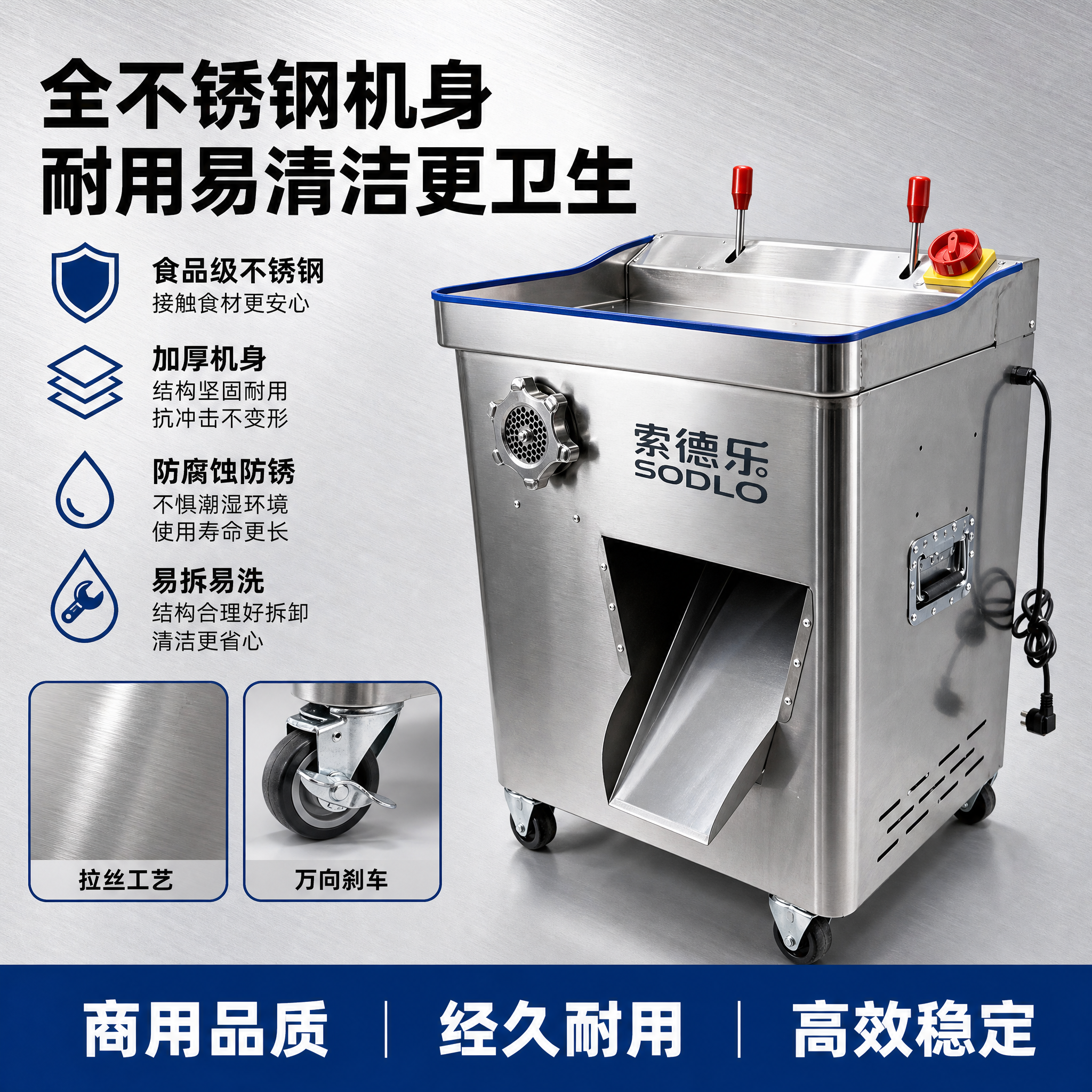 重新生成这张索德乐商用绞切两用机材质优势主图，工业专业风，浅灰… - 图片创意预览