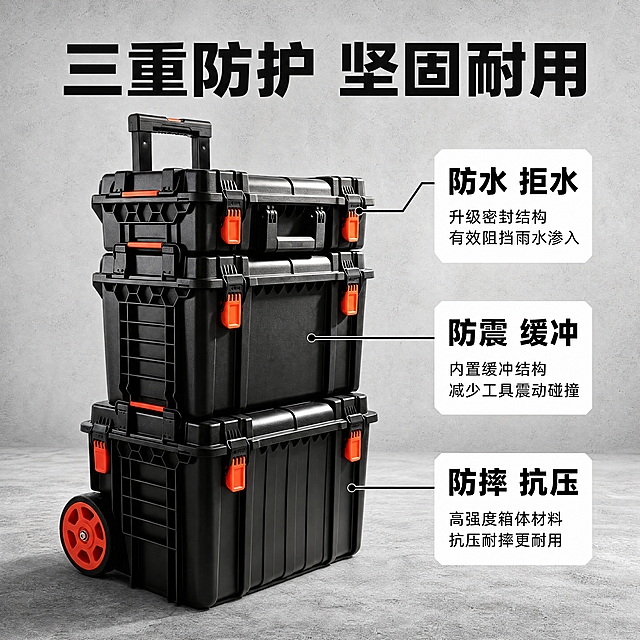 [主图-2] 堆叠工具箱核心防护卖点展示，硬核工业风，商业摄影质感，光线明快硬朗，产品清晰真实，画面干净高级。主体为黑色三个堆叠工具箱，产品外观结构颜色与输入图绝对一致，无变形色差。版式：左侧产品整体图，右侧分栏展示三个核心卖点防水防震防摔，每个卖点配引线标注对应箱体结构。商品整体占比65%，浅灰色工业工作台背景，满版无边框构图。光影：主光正面打亮，产品边缘高光清晰，箱体硬质塑料纹理自然呈现。配色：黑底橙扣，浅灰背景，文字对比强烈。视角构图：平视构图，景深适中，产品完整呈现。文字版式：顶部主标题“三重防护 坚固耐用”，黑色大字加粗；右侧分三栏，每栏一个卖点大字标题：“防水 拒水”“防震 缓冲”“防摔 抗压”，下方小字补充特性，左对齐，黑字白底块对比清晰，引线连接对应箱体锁扣和接缝位置。比例分辨率：1:1比例，4k分辨率，文字清晰锐利，超高清。负向提示词：变形，水印，文字错乱，产品图模糊，背景杂乱，玩具感，廉价感。
