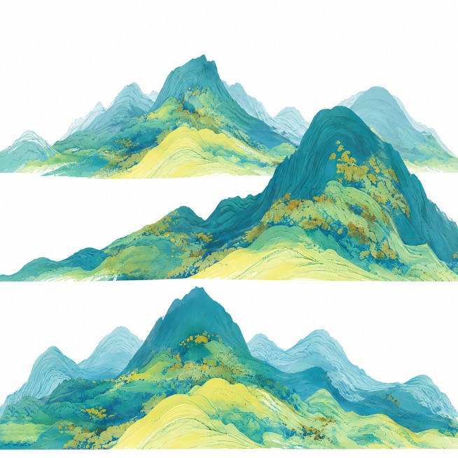 参考原图的国潮青绿山水风格，重新生成层叠山峦的画面，保持远山近山的构图结构，沿用青蓝黄绿撞色鎏金的岩彩纹理，保留中国风千里江山图的艺术风格，白色背景预览效果