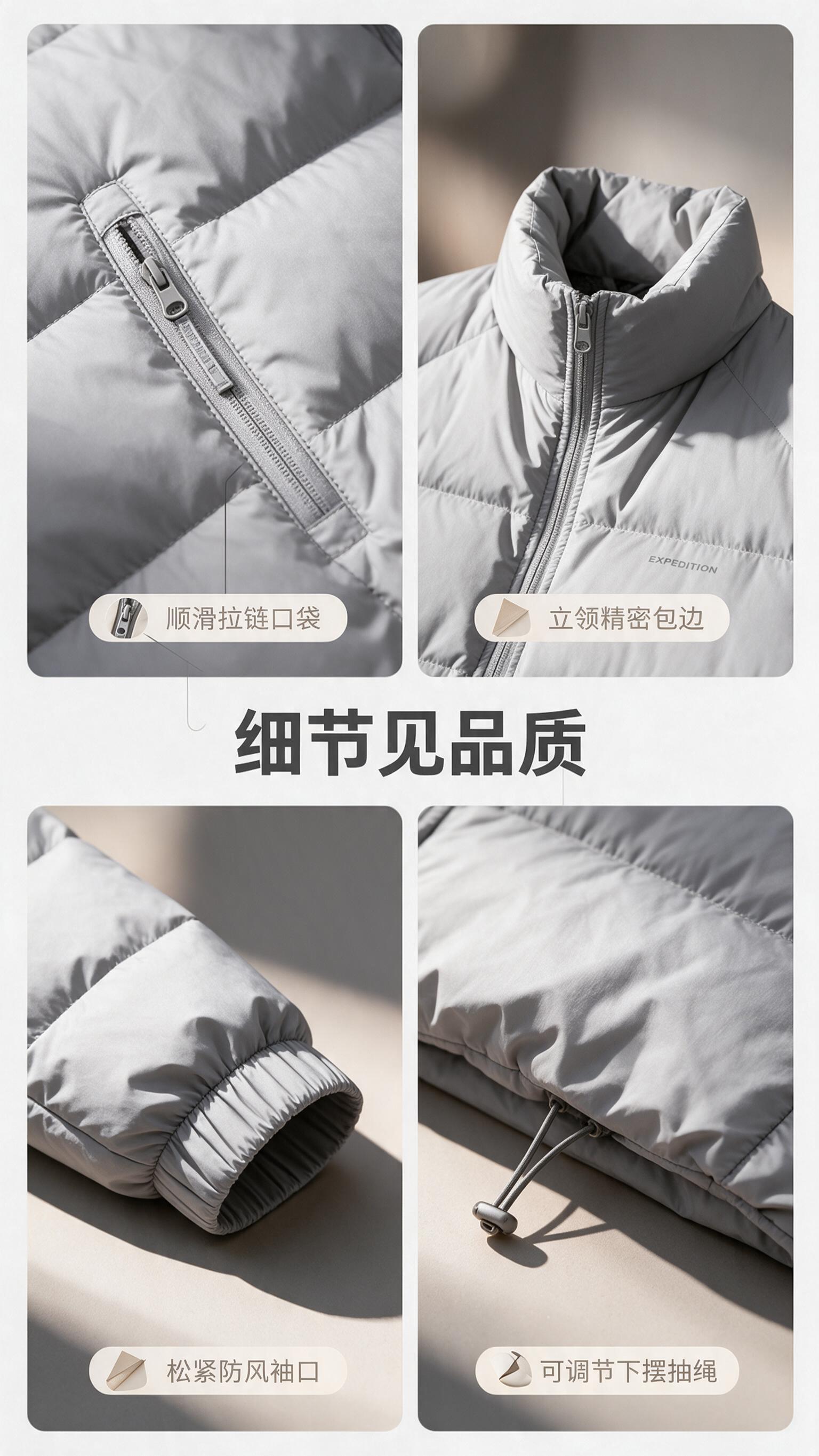 [商品] 使用【图1】浅灰色男士立领短款轻薄羽绒服；商品处理：… - 图片创意预览