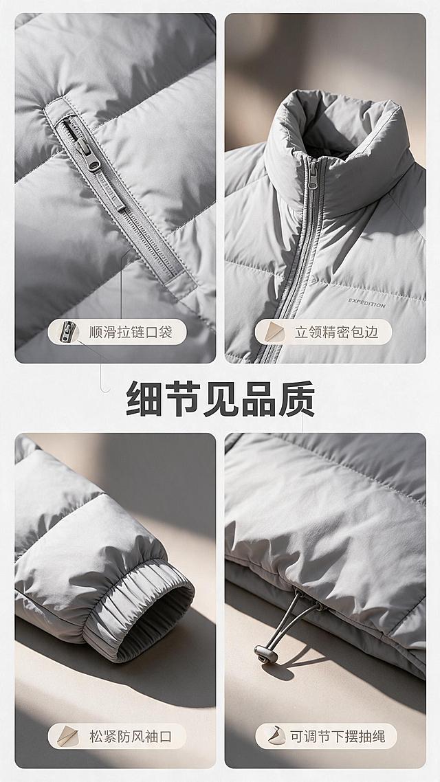 [商品] 使用【图1】浅灰色男士立领短款轻薄羽绒服；商品处理：保留立领、拉链、横向绗缝、拉链口袋、袖口松紧、下摆抽绳、左胸标识、浅灰色和轻薄面料；自然去皱，增强缝线、拉链五金、口袋细节的精致质感，不改变版型结构。
[画面] 目标：细节工艺页，强化品质感，展示多处工艺细节。构图：2×2宫格布局，四个细节特写分区展示，中间留白处放标题。四个细节分别为：左上-拉链口袋五金特写，右上-立领缝线与包边细节，左下-袖口松紧收口，右下-下摆抽绳设计。景别：近景微距，每个细节清晰呈现。前中后景：每个宫格内前景为细节主体，背景为浅灰暖调虚化背景，带柔和投影。阅读动线：从中间标题向四周细节扩散。
[视觉] 套系策略：风格=高级简约商务商业摄影；标题字=现代无衬线粗体中文；正文字=简洁无衬线体；主色=浅灰+暖米；背景延展=基于浅灰与暖米做深浅层级渐变、细腻哑光质感；强调色=深炭灰，仅用于小面积图标、引线和标签；标题色=深炭灰；正文色=中暖灰；组件=细线引线、圆角浅底信息卡、极简几何装饰；光影=左前侧暖柔光，突出五金光泽和缝线质感。
[文字] 画面中上位置主标题："细节见品质"，每个宫格下方配短标签："顺滑拉链口袋"、"立领精密包边"、"松紧防风袖口"、"可调节下摆抽绳"。文字全部横向排版，字号适中。
[规格] 图片比例9:16竖版，分辨率2K，避免变形、错字、文字过小、颜色改变、细节失真、白底孤立、极限词。