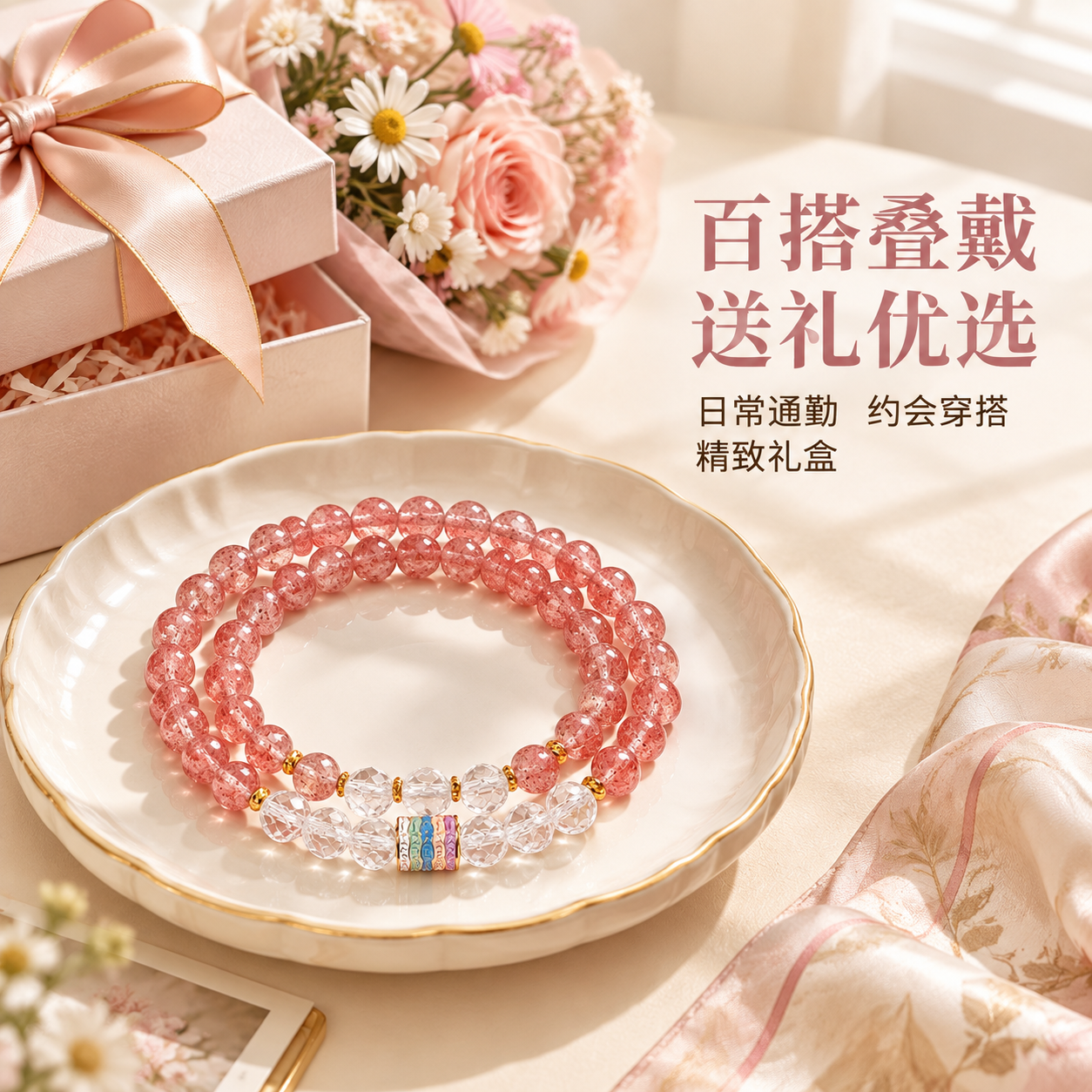 [主图-4] 草莓晶双圈手串送礼穿搭场景图，突出日常感与礼赠价… - 图片创意预览