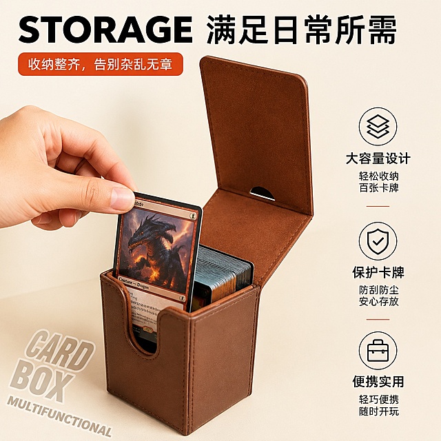 [第2屏] 核心功能展示-展示多功能游戏卡牌盒取牌使用场景。本屏使用【图1】作为商品主体，展示开盒状态。
[氛围/风格] 浅米色简约背景，生活化展示风格，清晰商业摄影质感。
[元素布局] 左侧放置一只手正在取出卡牌，卡牌盒位于画面中心偏右下，占比约70%；右侧为文字区域；保持产品开盒结构、棕色外观与输入产品图一致。
[光影质感] 左侧柔光，右侧补光，整体干净明亮，卡牌盒内部绒布纹理清晰。
[配色色系] 全局底色 #f0eedd；主色棕色卡牌盒，辅助色黑色文字、橙红色高光条。
[视角构图] 平视视角，浅景深，突出卡牌盒与取牌动作。
[文字版式] 顶部大号主标题「STORAGE 满足日常所需」，主标题下方橙红色条标注副标题「收纳整齐，告别杂乱无章」，右侧竖排文字说明，左下角翻转英文装饰，文字排版清晰不遮挡主体动作。
[比例分辨率] 1:1 方图比例，4K分辨率，文字清晰可辨，高清画质。
[负向提示词] 产品变形，手部畸形，颜色偏差，结构错误，缺件错件，水印，文字错乱，背景杂乱