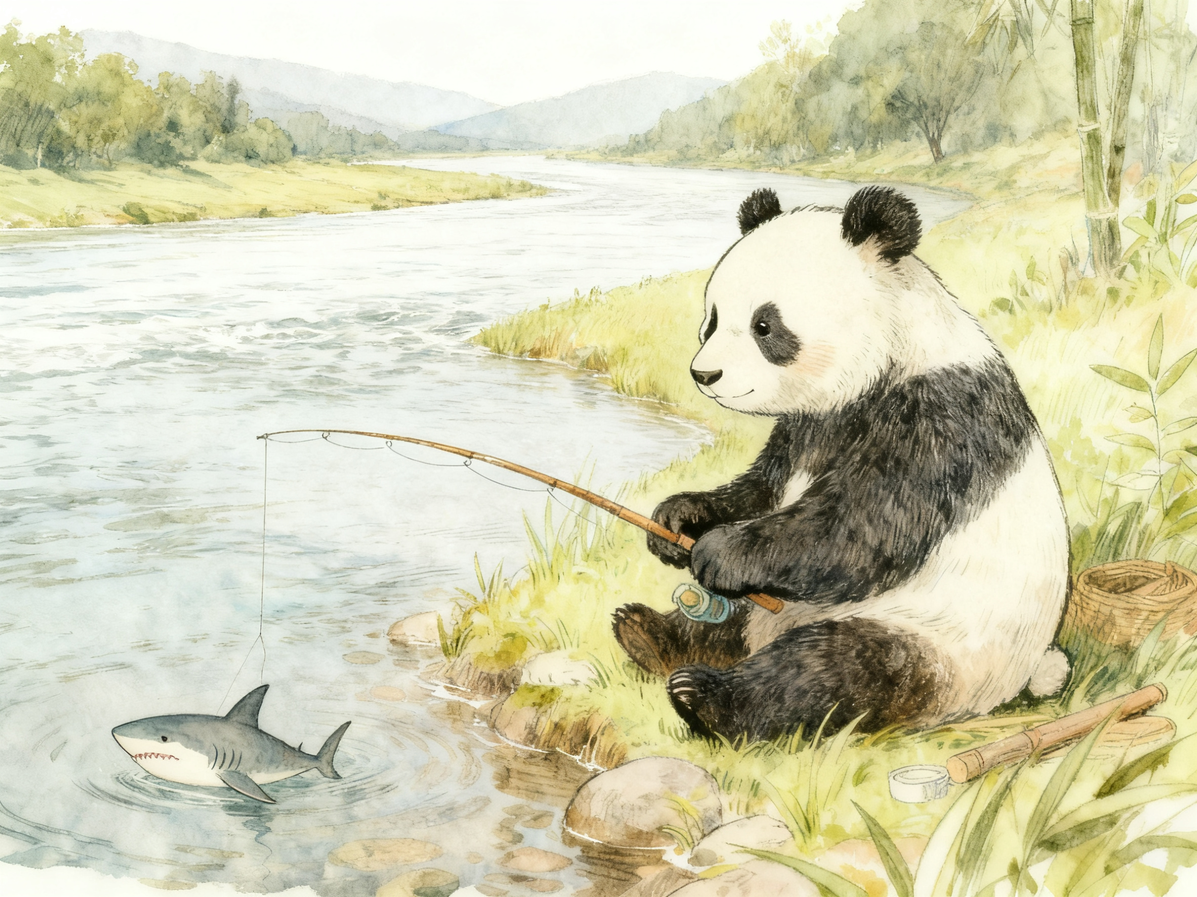 将鲨鱼调整为比小熊猫更大的正常尺寸，同时将小河修改为宽阔的大江… - 图片创意预览