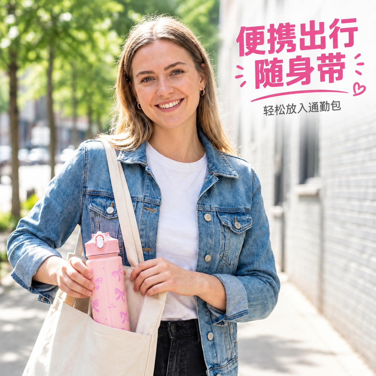 [主图-5 粉色款] 便携出行场景，展示粉色蝴蝶结水杯放入帆布… - 图片创意预览