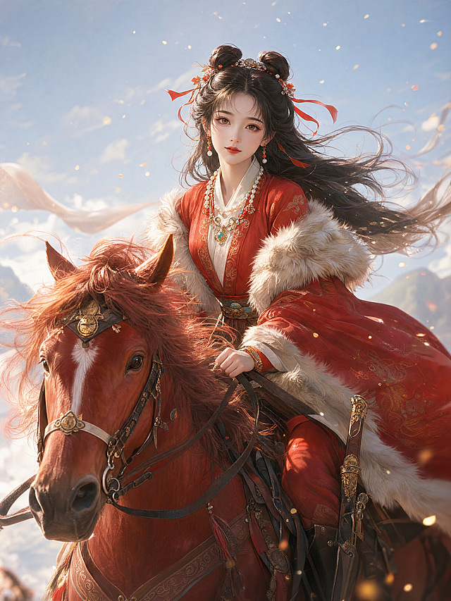 古装美女，发丝根根分明有蓬松光泽感，五官精致，梦幻光影，朦胧，发丝与衣服随风飘动，3D仿真人，油画，精美cg，32K超高清画质，3D渲染，最佳光线，构图比例绝佳，层次分明，微距镜头，微尘闪着萤光，粒子光效，白天，十六岁红衣少女身着宋朝宋制考究服饰，女子长相明媚大气，颜若朝华，灵动活泼，头梳双丫髻，脖子戴着一串珍珠镶嵌的璎珞，身披毛领披发，腰配宝剑，骑着红色汗血宝马