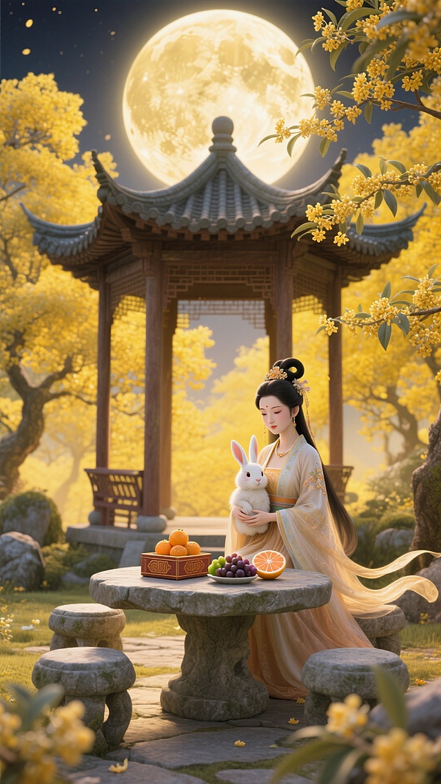 桂花林中有一座中式凉亭，凉亭里有石桌石椅，嫦娥坐在石椅上，嫦娥身姿轻盈曼妙，衣袂飘飘，嫦娥怀里抱着玉兔，石桌上摆着一盒月饼和一些葡萄柚子，凉亭顶的后面是一轮巨大的圆月。突显中秋节日氛围，黄色调基底，环境明亮，颜色鲜艳饱和度高。