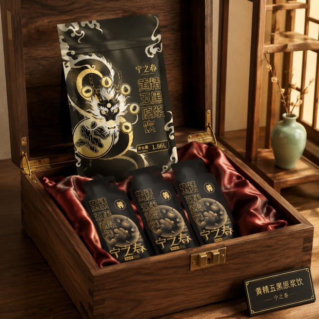 中式养生礼品场景摄影。
主体：黄精五黑原浆饮品外袋和内袋严格参照上传产品图，完整保留所有可见组件、轮廓、结构、比例、材质、颜色与产品本体上的文字信息（logo/型号/规格/参数等），与上传图完全一致；预览效果