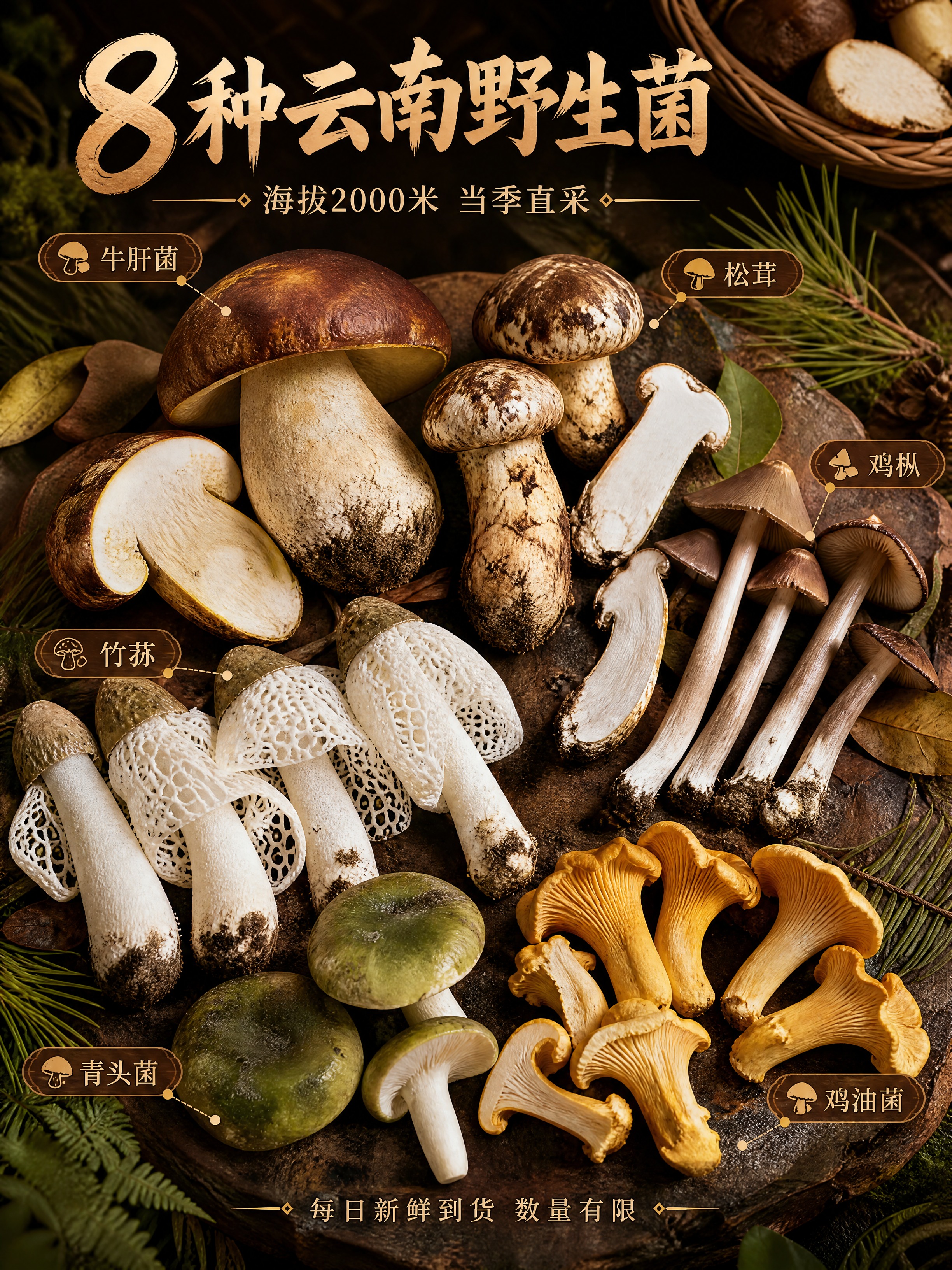 [商品] 多种云南野生菌食材平铺展示，包括牛肝菌（深褐色伞盖肥… - 图片创意预览
