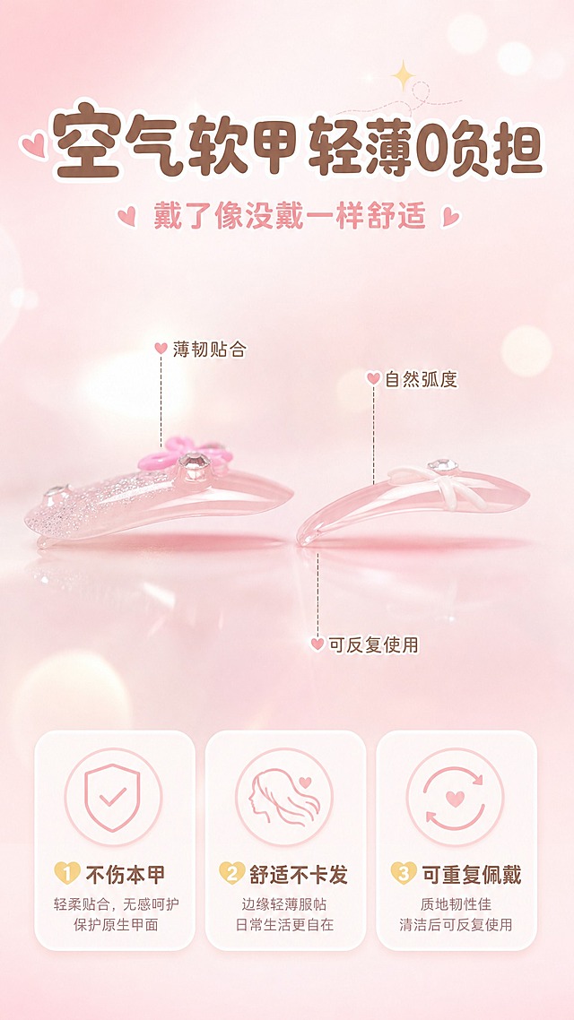 [商品] 使用【图1】两款穿戴甲甲片侧面薄度为参考；保留甲片薄度、弧度、透明质感、颜色款式特征。
[画面] 页面目标：核心卖点页，展示空气软甲轻薄贴合的材质优势。构图：甲片侧视特写居中放大，占画面60%，展示侧面薄度与自然弧度；上方标题区，下方3个卖点卡片。景别：甲片侧面微距特写。背景浅粉色渐变+柔和光晕，干净通透。阅读动线：从上到下。
[视觉] 套系策略：风格=甜美少女风商业摄影，干净明亮软萌治愈；标题字=圆润可爱粗体字；正文字=简洁圆润无衬线体；主色=樱花粉+奶白+透明感；背景延展=基于浅粉做渐变、柔焦光晕、细腻透明质感；强调色=浅金+白色，仅用于小面积图标、引线、标签和高光；标题色=深奶茶棕；正文色=暖灰粉；组件=圆角白底信息卡、细线引线、圆形icon；光影=顶部柔光，甲片边缘有通透光效。
[文字] 顶部主标题"空气软甲 轻薄0负担"，副标题"戴了像没戴一样舒适"；甲片旁引线标注：「薄韧贴合」「自然弧度」「可反复使用」；底部3个圆角卡片卖点：「❶ 不伤本甲」「❷ 舒适不卡发」「❸ 可重复佩戴」；文字清晰，不遮挡甲片主体。
[规格] 图片比例9:16竖版，4K，避免变形、错字、文字过小、冷蓝冷灰背景。