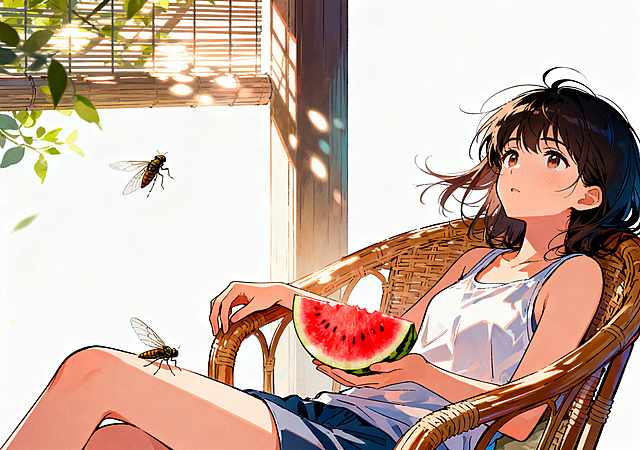 盛夏午后的阳光透过窗棂，筛下细碎温热的光斑。女孩慵懒地倚在藤椅上，指尖托着一块红彤彤的冰镇西瓜。晚风轻轻拂动她的发梢，蝉鸣悠悠，满室慵懒惬意，日式动漫插画风格，清新治愈