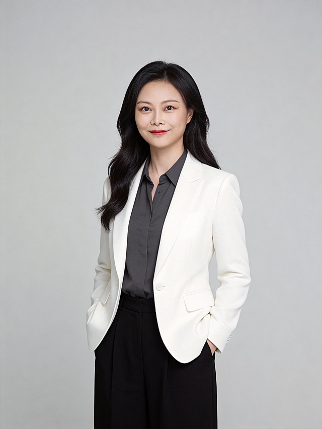 参考第一张图保留人物脸型､发型､年龄等特征生成职场形象照,参考第二张图人物占位和比例,标准焦段50mm,F/4光圈(F/2.8-F/4区间),平视视角(镜头与人物视线齐平);人物占画面70%,人物居中(居中构图),位于画面中心,为视觉聚焦点,入境范围头部及以下至臀部下方10cm(半身像);左右留少量背景空间;头部与画面顶部保留5%空间;头部发型完整;头肩比例协调,主体锐利,美颜磨皮韩式精致浓妆,均匀肤色提亮肤色,唇色自然微红,白色高级精纺面料西装外套,深空灰色衬衫,黑色阔腿裤,双手插兜的站立姿态,松弛不刻意,散发生活化的惬意感,发型柔顺光泽,弧度自然,眼神直视镜头,目光温柔澄澈,表情自然,嘴角微微上扬,气质自信从容霸气干练;均匀肤色,专业人像摄影写真,头部完整,结构准确;光比1:1.5,4800K中性光,修饰脸型,肤质哑光细腻,轻透裸肌感,真实毛孔纹理,32K画质,去除人物之外的所有元素,零噪点降噪,简约中度灰纯色背景。