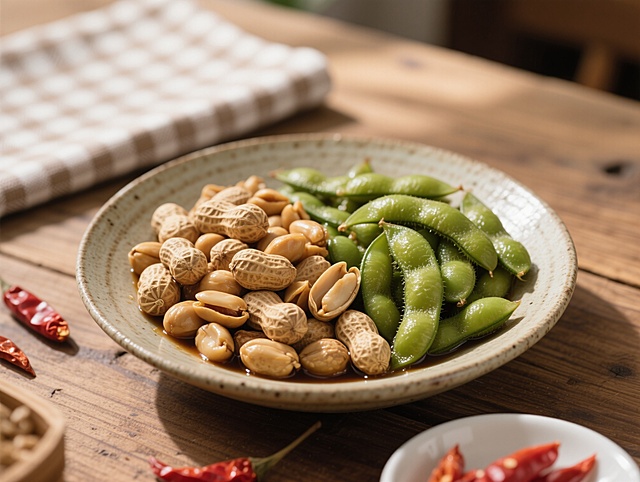 质朴中式风格，实景拍摄花生与豌豆，自然光线营造温馨氛围。