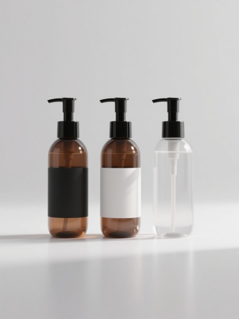3D渲染风格的三瓶沐浴露产品展示图，整体采用写实主义设计，主色调为透明棕色瓶身搭配黑色按压泵头，光影效果呈现柔和的顶部光源，瓶身带有细腻的透明质感与轻微反光，阴影细节清晰自然，背景为纯白色纯色背景，三瓶沐浴露呈水平直线整齐排列，间距均匀，从左至右瓶身标签分别为纯黑色、纯白色和无标签透明瓶身三种不同样式外观，构图采用简洁的居中对称布局，画面干净整洁，突出产品主体，具有高清晰度的商业产品摄影质感，……预览效果