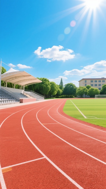 阳光明媚的晴朗白天，明亮的蓝色天空中点缀着几朵白云，阳光从画面左上方照射下来，形成清晰的光影效果，展现一个常规学校操场的场景。前景是红色塑胶跑道，表面有细腻的颗粒质感，白色分道线清晰笔直，跑道呈现自然的弯道曲线。跑道内侧是修剪整齐、色泽鲜亮的绿色草坪足球场。左侧远处是带有灰色座椅的白色顶棚看台，看台后方和右侧背景是茂密的绿色树木，远处还有一栋浅色的教学楼建筑。整体画面采用写实摄影风格，色彩鲜艳……预览效果