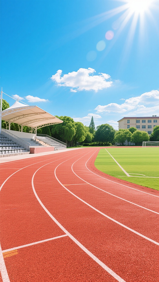 阳光明媚的晴朗白天，明亮的蓝色天空中点缀着几朵白云，阳光从画面左上方照射下来，形成清晰的光影效果，展现一个常规学校操场的场景。前景是红色塑胶跑道，表面有细腻的颗粒质感，白色分道线清晰笔直，跑道呈现自然的弯道曲线。跑道内侧是修剪整齐、色泽鲜亮的绿色草坪足球场。左侧远处是带有灰色座椅的白色顶棚看台，看台后方和右侧背景是茂密的绿色树木，远处还有一栋浅色的教学楼建筑。整体画面采用写实摄影风格，色彩鲜艳饱和，光线充足，具有清晰的景深效果，近景跑道细节锐利，远景建筑和树木稍显模糊，营造出开阔、整洁、充满活力的校园运动氛围。