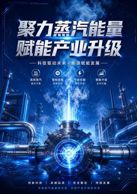 蓝色背景，力量科技感设计，强视觉冲击力，主题文字"聚力蒸汽能量 赋能产业升级"，竖版A4尺寸，工业科技风格预览效果