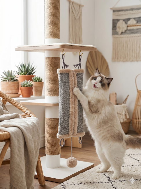 将图中的狸花猫换成布偶猫，保持猫咪站立抓猫抓柱的姿势不变，布偶猫表情开心，保留原图片中的所有其他场景、家具和植物，保持整体构图和光线氛围不变预览效果