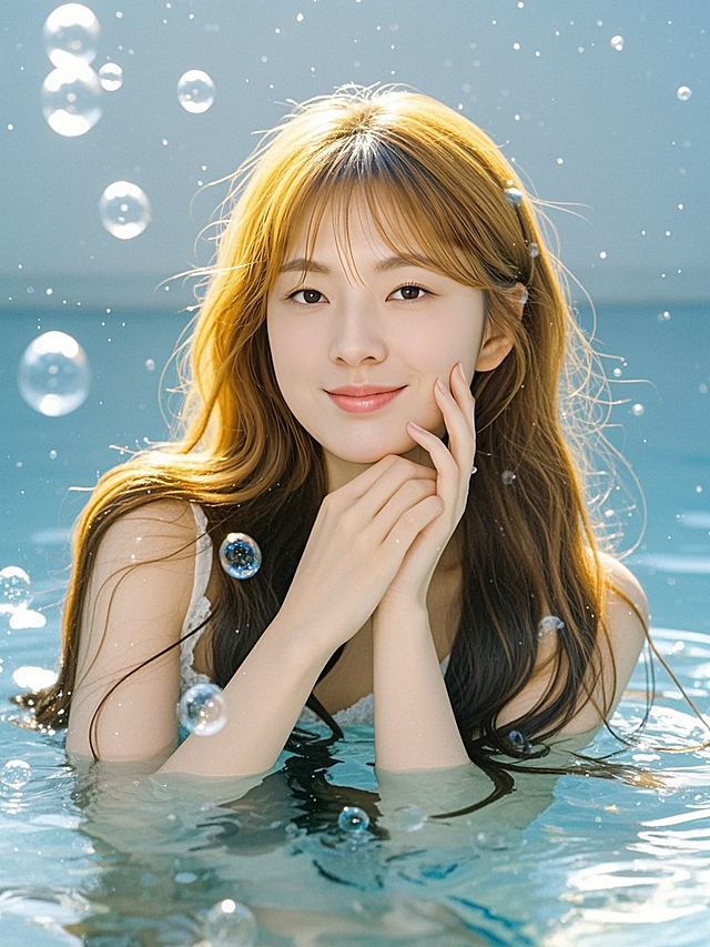 水彩风动漫少女，置身梦幻虚拟自然，清新甜美，泡泡环绕，夏日清凉。