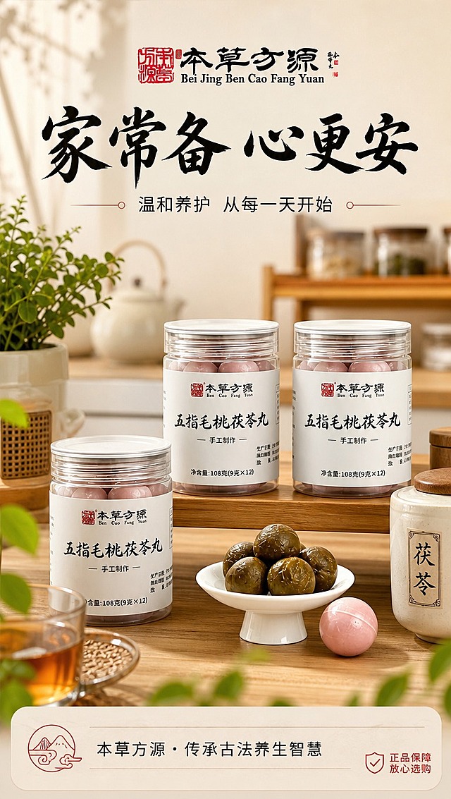 [商品] 使用【图1】本草方源五指毛桃茯苓丸产品图；保留罐身、标签、Logo、品名、丸体等全部原貌；多罐陈列展示，产品群占画面约50%。
[画面] 页面目标：收尾转化页，营造家庭常备、值得囤货的氛围。构图：囤货陈列型，2-3罐产品错落摆放在木质置物架或厨房台面上。主体位置：产品罐成组陈列，旁边搭配茶杯、食材罐、绿植等家居道具，营造温馨居家养生氛围。景别：中景生活场景。阅读动线：从顶部标题→中部产品陈列→底部引导语。前中后景：前景小绿植/茶杯，中景产品组，后景虚化的厨房/置物架背景，3层景深。
[视觉] 套系策略：风格=新中式国风养生商业摄影；标题字=书法宋体+黑体组合，主标题书法笔触；正文字=简洁无衬线黑体；主色=米白+暖棕；背景延展=基于米白色做深浅渐变、同色系纸张肌理和柔光过渡；强调色=朱砂红，仅用于小面积品牌点缀、图标和引线；标题色=深墨黑；正文色=暖炭灰；组件=细线分隔、圆角浅底信息卡、中式印章元素；光影=暖调自然光，柔和温馨，生活感强。
[文字] 顶部主标题「家常备 心更安」，副标题「温和养护 从每一天开始」。底部引导语：本草方源 · 传承古法养生智慧。右下角小字：正品保障 放心选购。文字均为横排，位于画面顶部和底部，不遮挡产品主体。
[规格] 图片比例9:16竖版，4K分辨率，淘宝/天猫详情页适配，避免变形、错字、文字过小、冷蓝背景、绝对化宣传用语、医疗功效承诺。
