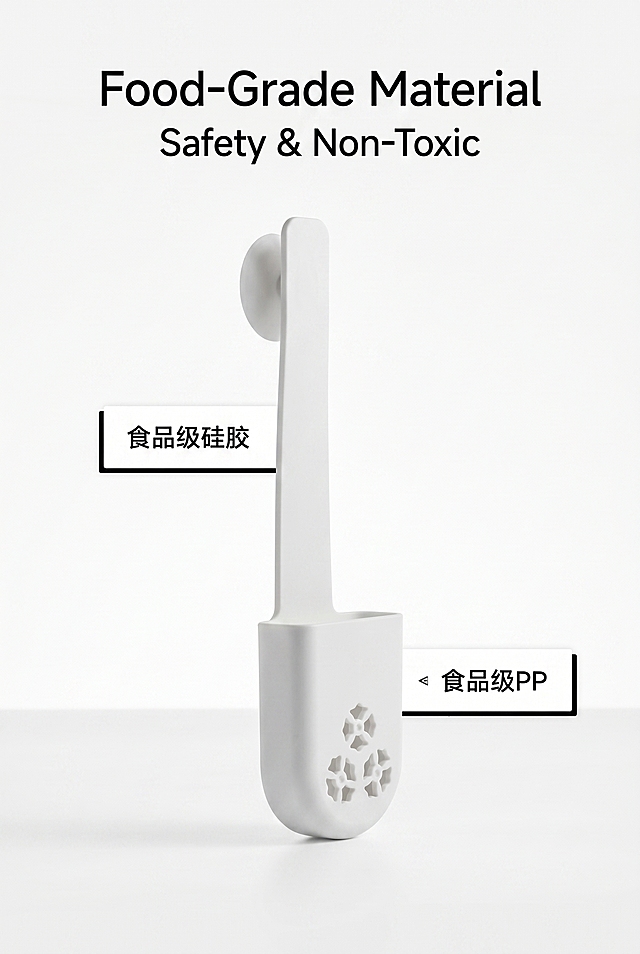 2:3竖屏，ins简约高级风，高清特写拍摄，产品旁边放置“食品级硅胶”“食品级PP”材质标识卡片，卡片为简约白色，文字为黑色无衬线字体；产品采用侧拍角度，清晰展示硅胶挂带和PP盒身的质感，光线柔和，突出材质的安全性；排版为杂志式对称布局，产品与材质卡片居中排列，顶部居中放置英文主标题“Food-Grade Material”，副标题“Safety & Non-Toxic”，文字简洁醒目；严格还原产品材质质感，保持纯白色哑光，无污渍、无划痕，背景为纯白色渐变，无多余杂物，整体视觉干净、高级，突出材质安全的卖点。负面提示词：材质标识模糊，产品颜色偏差，材质反光，有污渍、划痕，背景杂乱，文字模糊，字体不统一，非2:3竖屏，非极简高级风，多余装饰元素。