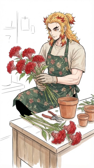 保持原图二次元漫画线稿上色风格，绘制花店服务员炼狱杏寿郎，搭配不一样的服装，设计和参考图不同的人物动作，身边带有鸡冠花，简洁线稿空白背景预览效果