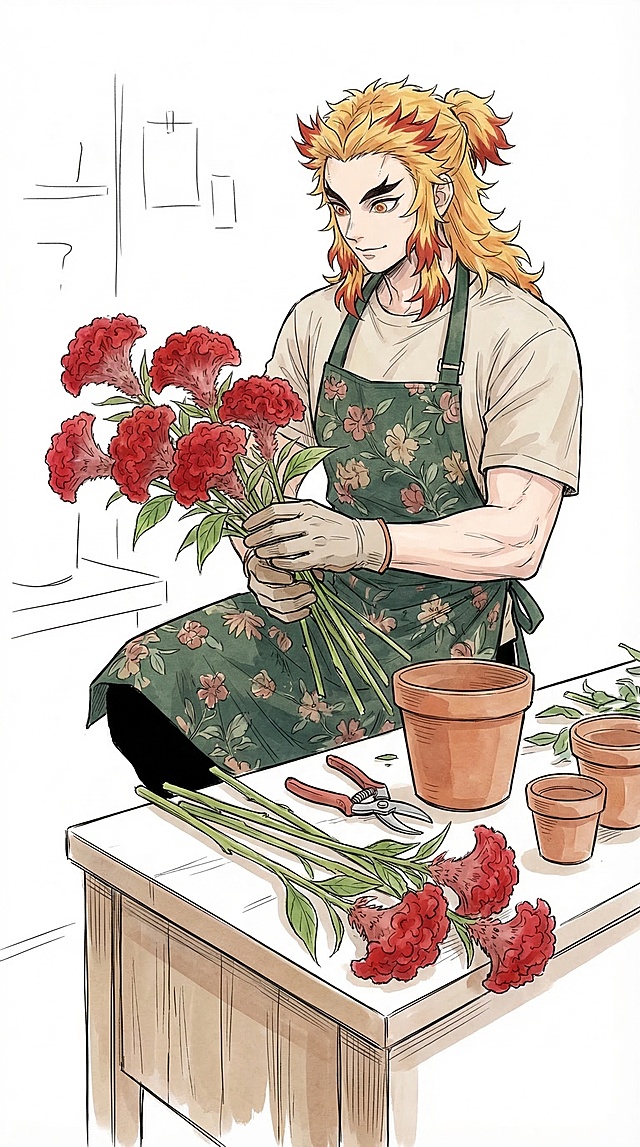 保持原图二次元漫画线稿上色风格，绘制花店服务员炼狱杏寿郎，搭配不一样的服装，设计和参考图不同的人物动作，身边带有鸡冠花，简洁线稿空白背景