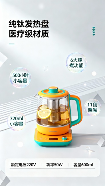 制作一张关于这个养生壶的产品信息图，信息整理如下：产品定位
主打 “节颜炖煮 养生 C 位显眼包”，强调 “颜值出色 + 性能出彩” 的双重属性。
外观特色
以 “色彩拯救沉闷，带我引爆社交圈” 为卖预览效果