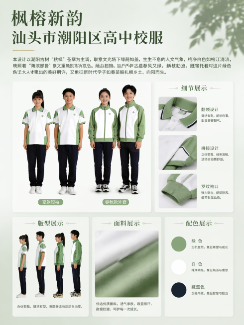 重新设计一张汕头市潮阳区高中校服宣传海报，风格高级简约，包含以下内容：1.模特展示图：保留原图中的男女模特展示这款绿白配色的短袖夏款和春秋款拉链校服外套搭配深色长裤；2.增加校服细节展示区域，展示校服预览效果