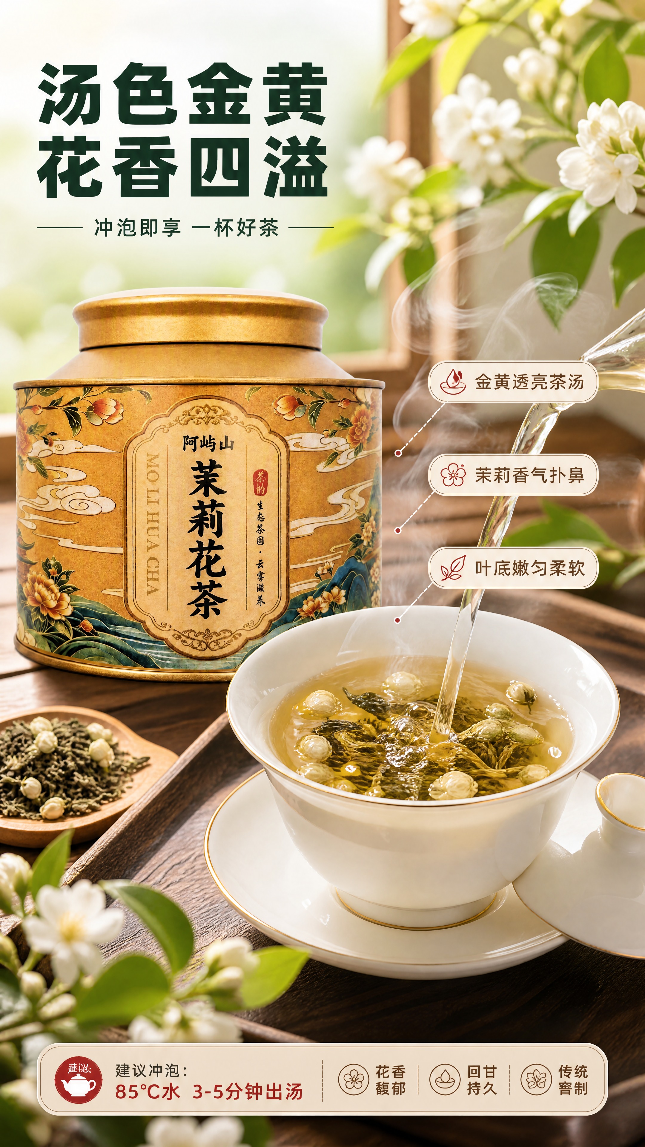 [商品] 使用【图1】阿屿山茉莉花茶金色铁罐辅助展示；保留罐体… - 图片创意预览