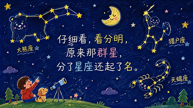 蜡笔手绘风格PPT页面，星座主题，深蓝色夜空，用线条连接星星形成简单的星座图案（大熊座、猎户座等简化版），文字内容："仔细看，看分明，原来那群星，分了星座还起了名。"，蜡笔质感，童趣可爱