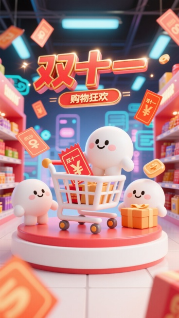 画面中有购物车、优惠券、包裹等购物元素，还有可爱拟人化电商平台形象（或卡通购物小人），围绕 “双十一” 促销标识互动。场景设定：热闹的线上电商界面或线下商场，背景有闪烁促销灯光、满是商品的货架、代表网预览效果