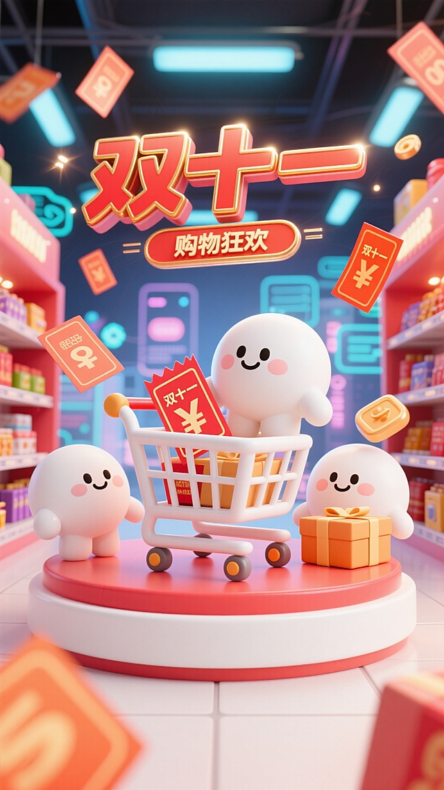 画面中有购物车、优惠券、包裹等购物元素，还有可爱拟人化电商平台形象（或卡通购物小人），围绕 “双十一” 促销标识互动。场景设定：热闹的线上电商界面或线下商场，背景有闪烁促销灯光、满是商品的货架、代表网络的科技感元素，营造双十一购物狂欢氛围。风格参考：3D 卡通渲染风格，活泼有活力，融合电商促销热闹感与卡通可爱感。色调色彩：以红色、金色、橙色等喜庆醒目色调为主，搭配白色亮色，体现促销热烈氛围。构图视角：平视视角，核心促销元素与购物卡通元素置于画面中心。细节补充：飞舞的优惠券，闪烁的 “限时折扣”“满减” 文字光效，商品和购物元素带动态感，似欢快参与购物狂欢。