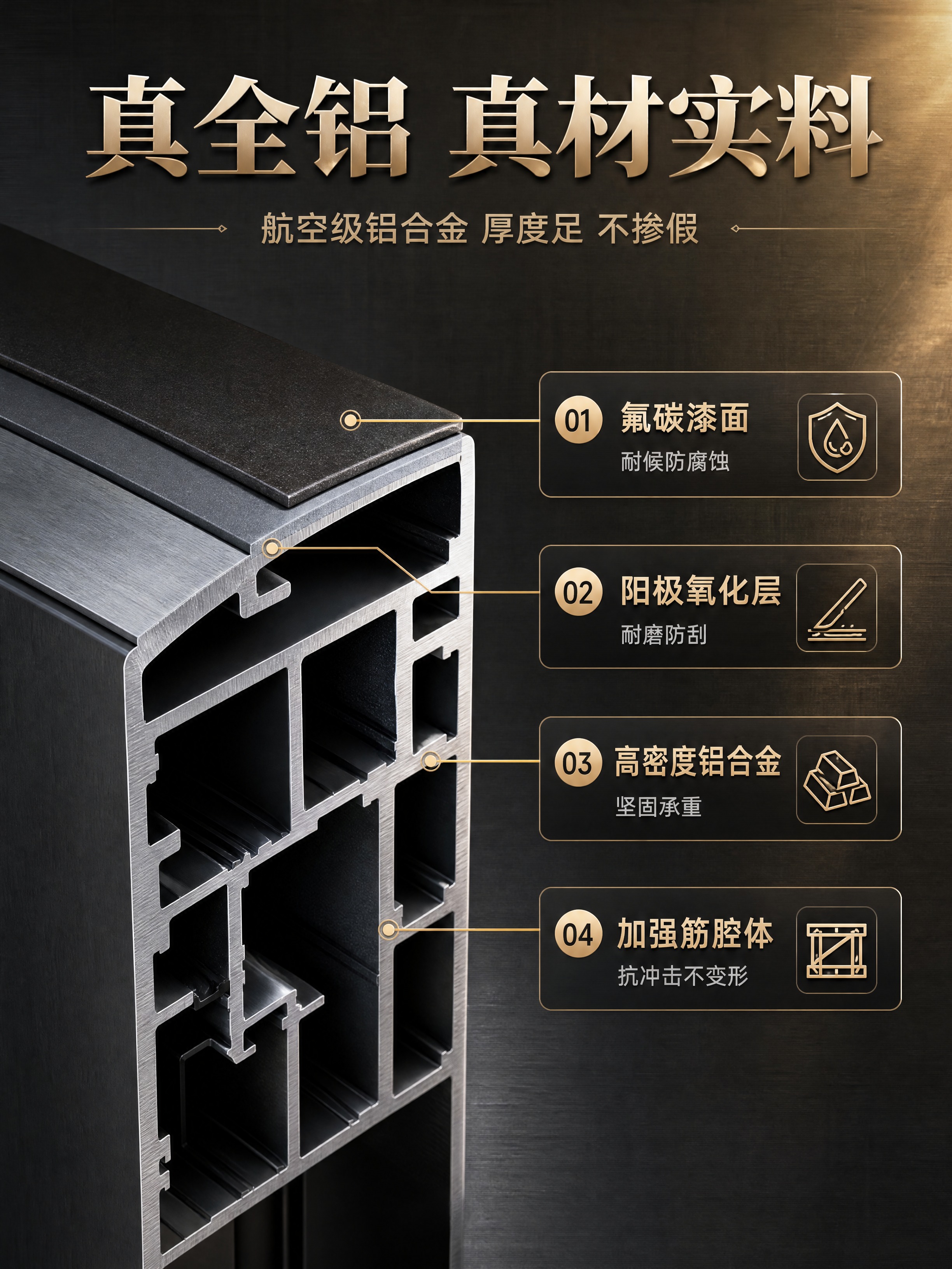 [商品] 全铝门铝材剖面结构，展示铝材厚度、内部腔体结构、表面… - 图片创意预览