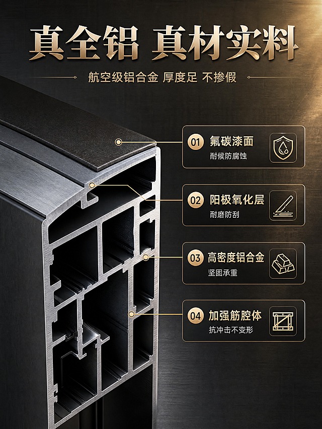 [商品] 全铝门铝材剖面结构，展示铝材厚度、内部腔体结构、表面处理涂层，金属切面光泽明显。
[画面] 第4张-结构材质，金属结构型。左侧是铝材剖面放大图，展示多层结构：表面氟碳漆层→氧化膜层→铝合金基材→内部加强筋腔体。右侧是文字说明区，配红框引线标注各层结构。背景为深灰金属质感，突出铝材切面的金属光泽。
[视觉] 套系策略：风格=高端轻奢商业摄影风；标题字=粗衬线金属质感字体；正文字=简洁无衬线体；主色=深古铜金+高级灰；背景延展=基于深古铜金做深浅层级、金属渐变和细腻纹理；强调色=香槟金，仅用于小面积图标、引线和标签；标题色=深古铜金；正文色=深炭灰；组件=金属质感信息卡、细金线引线；光影=右侧暖金侧逆光+正面柔光，突出金属光泽和立体感。
[文字] 顶部主标题"真全铝 真材实料"，副标题"航空级铝合金 厚度足 不掺假"。右侧结构标注：①氟碳漆面 耐候防腐蚀②阳极氧化层 耐磨防刮③高密度铝合金 坚固承重④加强筋腔体 抗冲击不变形。文字横排，引线清晰。
[规格] 图片比例3:4竖版，4K，medium质量。避免变形、错字、文字过小、塑料质感、木质结构。