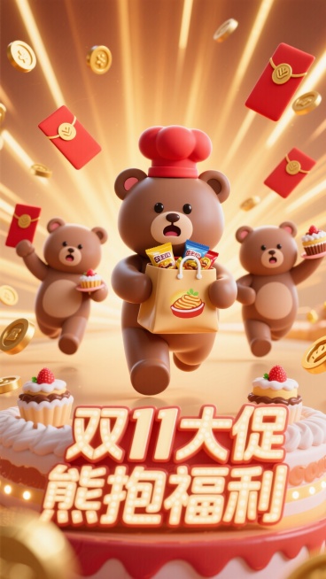 主视觉是戴红色厨师帽的小熊，抱着装满零食的购物袋跑出画面，身后 3 只小熊举着红包袋、拿着小蛋糕，正面视角。背景有金币、印着美食图案的红包、暖色调放射线，画面下方是蛋糕造型的 3D 文字灯牌 “双 1预览效果