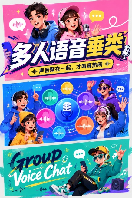 现代插画撞色风格海报，版式分区排版，保留参考图的骨架结构。主标题大字为"多人语音垂类"，副标题小字为"声音聚在一起，才叫真热闹"，底部英文装饰文案为"Group Voice Chat"。主视觉元素为多预览效果