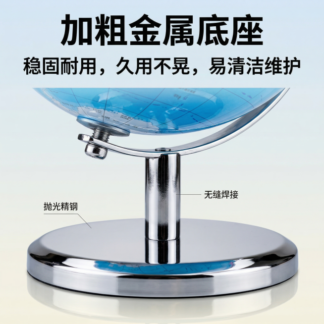 加粗金属底座细节特写，放大展示地球仪的抛光金属底座和支架，突出金属材质的光泽质感和稳固特性，主标题写"加粗金属底座"，副标题写"稳固耐用，久用不晃，易清洁维护"，背景用浅渐变纯色，突出产品细节，风格简预览效果
