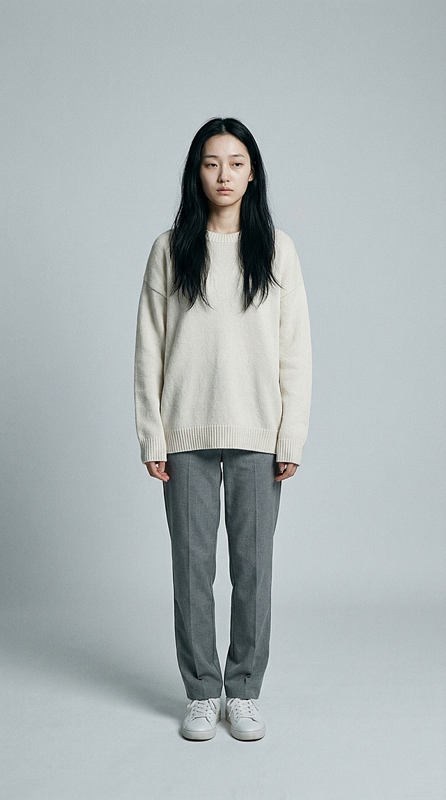 生成四张人物全身角色图，角色是一个二十岁出头的东亚女性，肤色偏白，五官清秀但带疲态，眼角微微下垂，目光疏离，黑色直长发自然垂落，没有刻意打理，几乎不化妆，嘴唇自然，身形纤细轻薄，带一点“不太存在于现实”的脆弱感，穿着米白色宽松毛衣与灰色长裤，白色运动鞋，极简、普通、不引人注意；表情克制、冷静、情绪被压住的忧郁；电影级光影；纯浅灰色背景，人物单独呈现