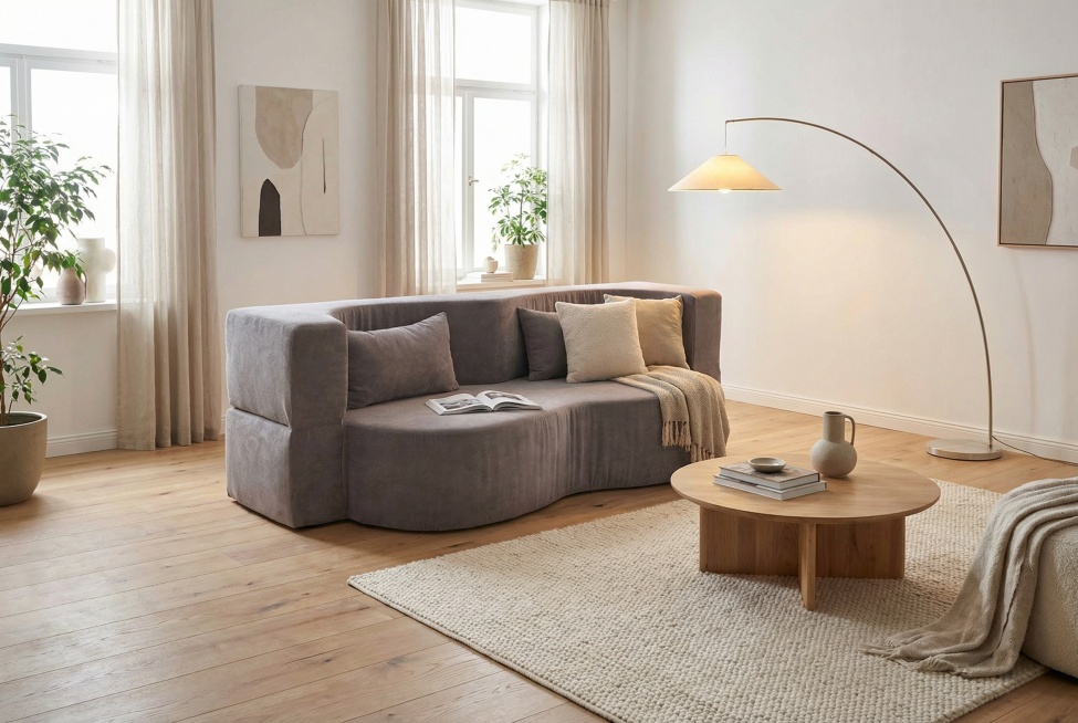 将图中的灰色弧形沙发放置在现代简约风格的客厅场景中，客厅有浅色地板、简约茶几、落地灯，整体氛围温馨舒适预览效果